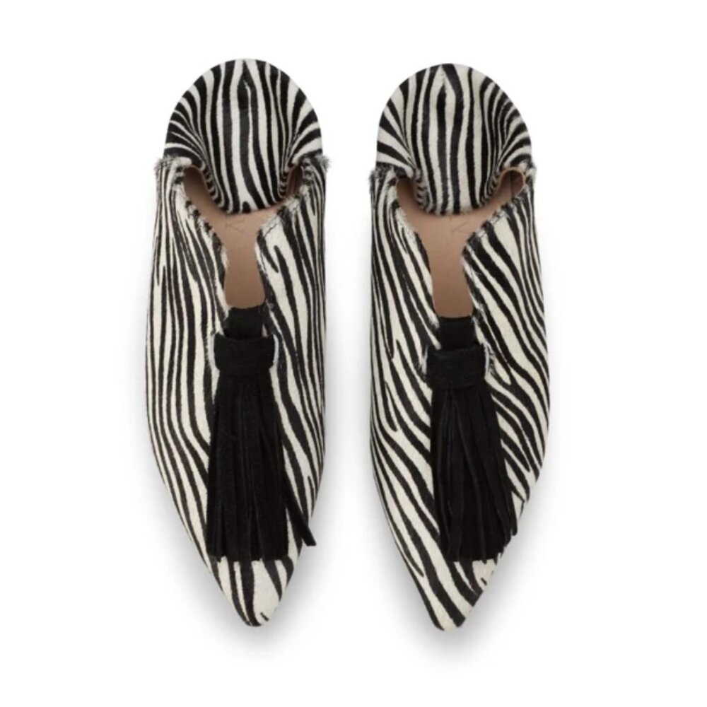 Zebra Print Pony Hair Leather Slides with Suede Tassles